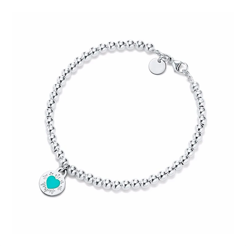 

TIFFON 1:1 S925 Sterling Silver Enamel Heart Round 4mm Bead Bracelet High Quality Logo Women Holiday Anniversary Gift Jewelry