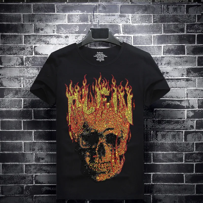 

2023 Fire Skull Rhinestones T Shirts Men Short Sleeve Fashion Clothing Streetwear O Neck Modal Cotton Tshirts Calaveras Camiseta