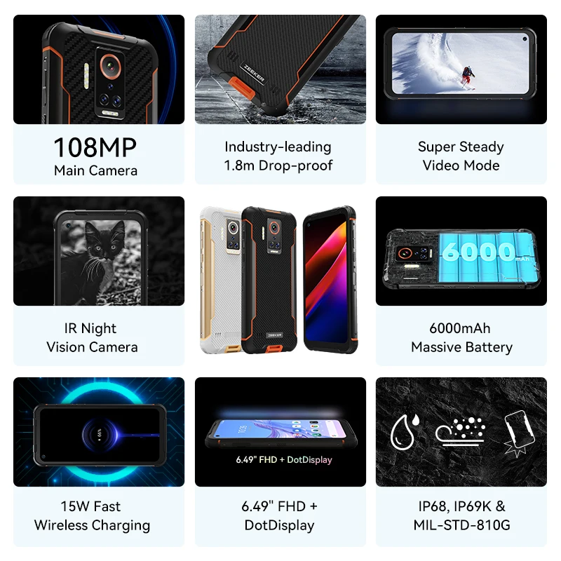 ZEEKER-tel&eacute;fono inteligente P10 resistente al agua IP69K, Smartphone resistente de 108MP, NFC, pantalla FHD de 6,49 pulgadas, c&aacute;mara cu&aacute;druple de visi&oacute;n nocturna IR, 6000mAh-1
