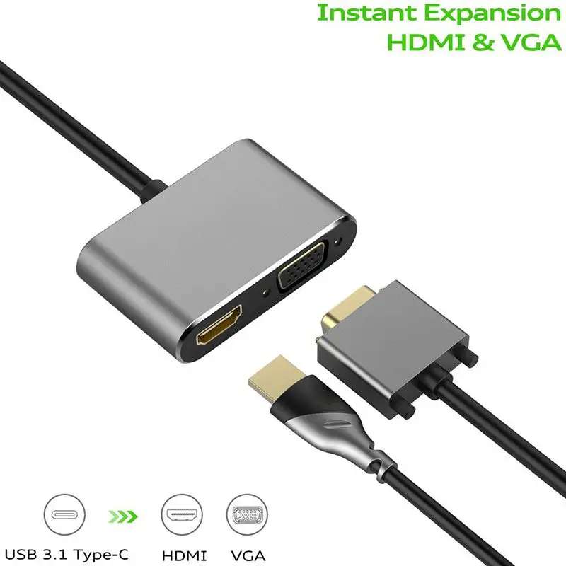 Адаптер из алюминиевого сплава USB3.1 Два в одном совместимый с Type c к HDMI VGA
