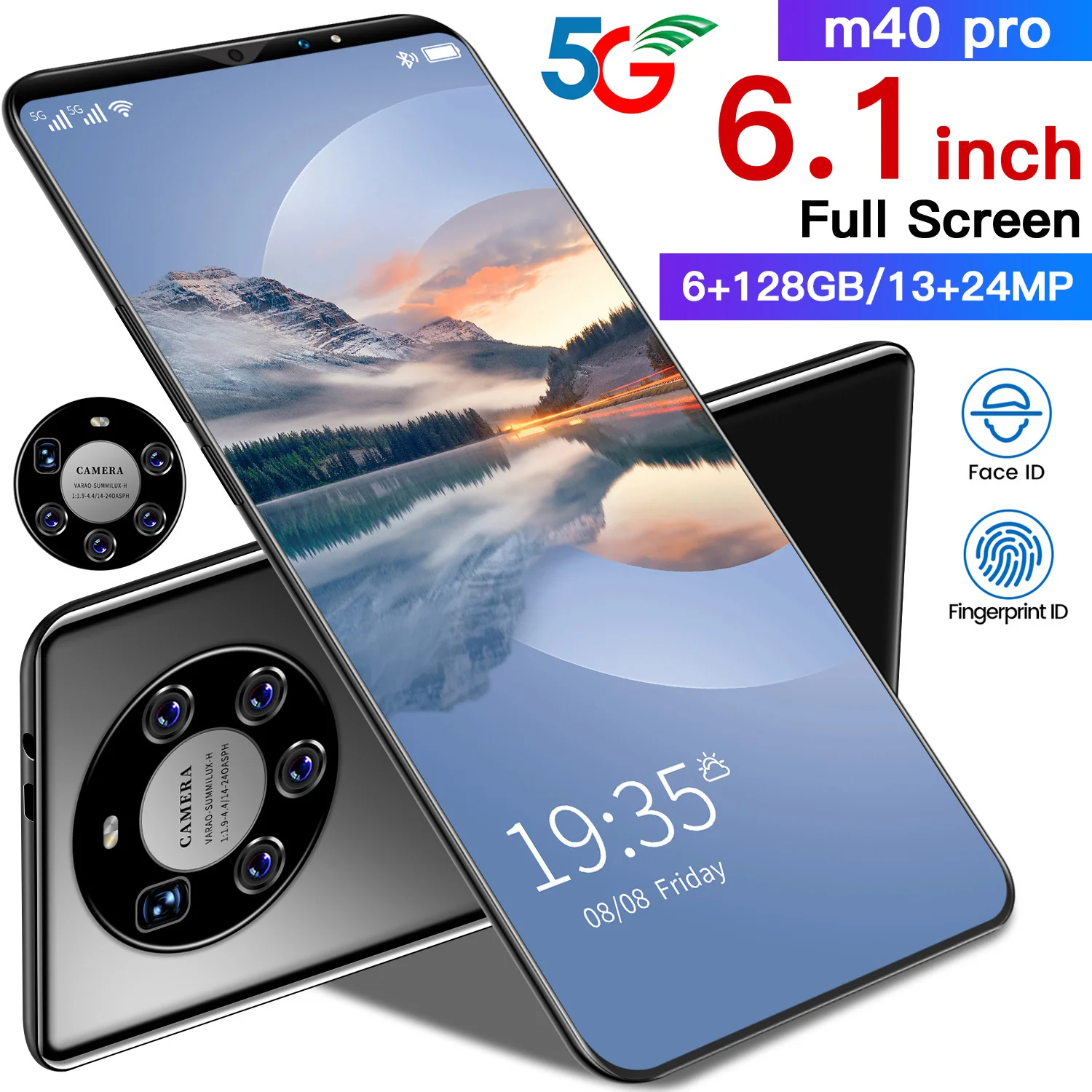 

Global Version M40 Pro 5G Smartphone 6.1Inch 6+128GB MTK6889 10Core 13MP+24MP Finger Face ID 4800MAH Double SIM Card Android10.0