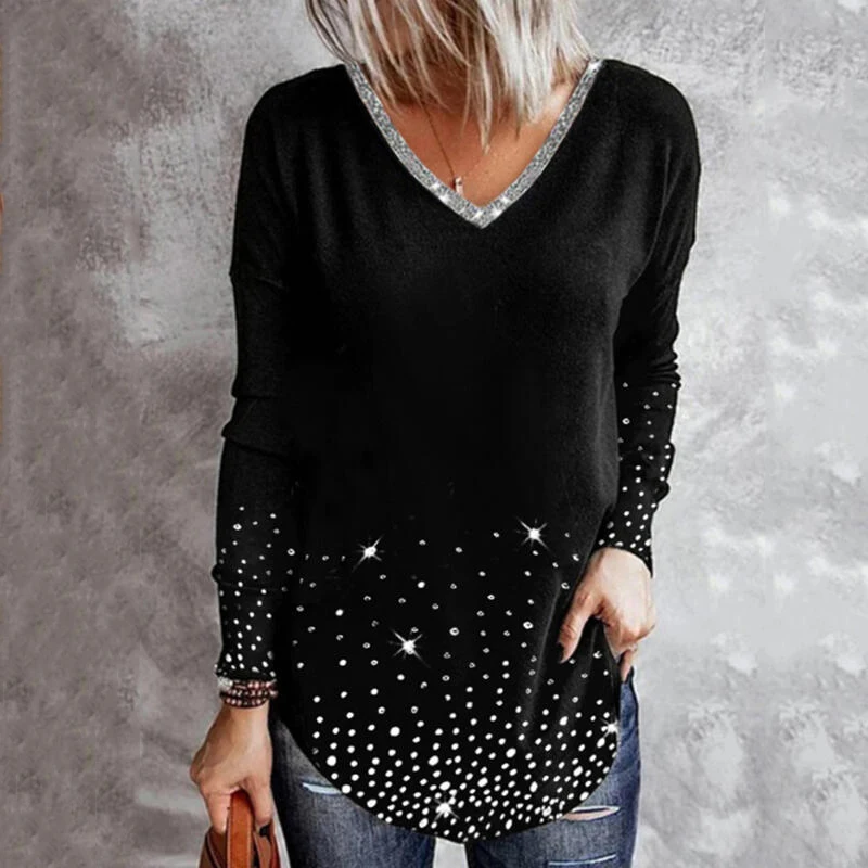 

Модная элегантная весенне-осенняя пикантная черная Повседневная Свободная футболка оверсайз с V-образным вырезом и длинным рукавом со стра...