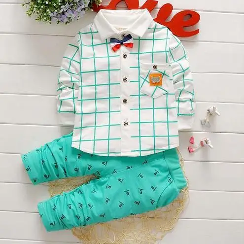 Boys Set Autumn Plaid Long Sleeve Shirt Pants 2 Piece Letter B Gentleman Bow Children's Clothing Suit K1 |