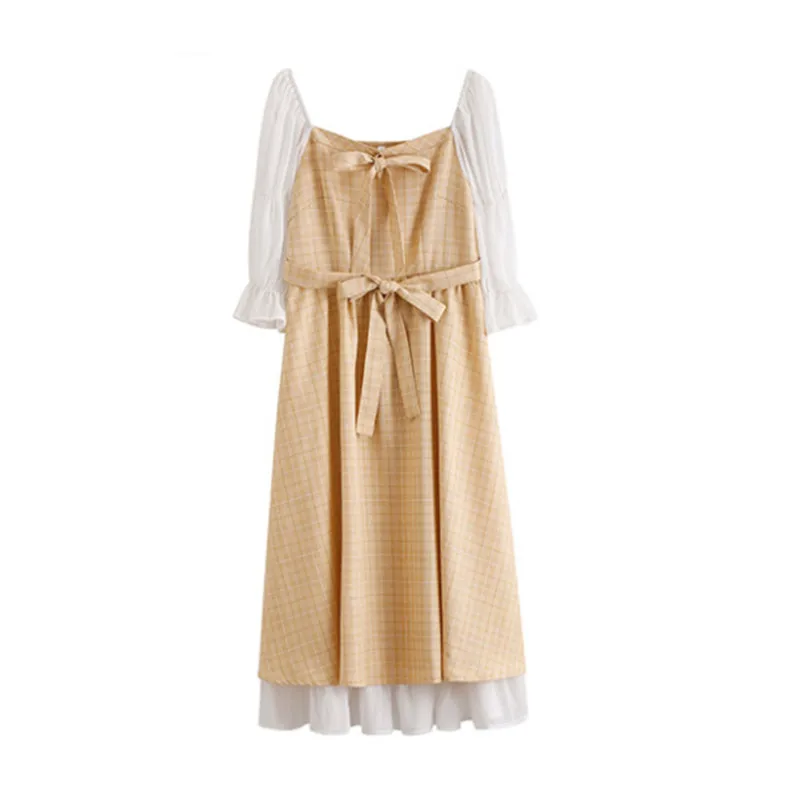 

French Sweet First Love Girl Dress Female Summer New Puff Sleeve Thin Fairy Long A-line Skirt Square Neck Yellow Pink