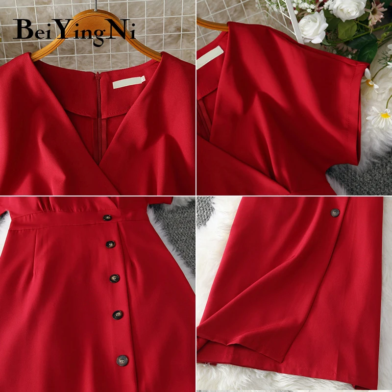 

Office Ladies Dress Elegant Buttons Casual Slim Slim Vintage Romance Party Women Dress Red Pink Yellow