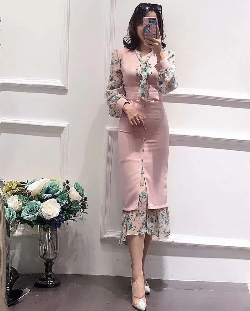 

XXL Dress Vestido De Festa 2020 Spring Summer Women Bow Collar Geometric Print Patchwork Long Sleeve Midi Party Pink Black Dress