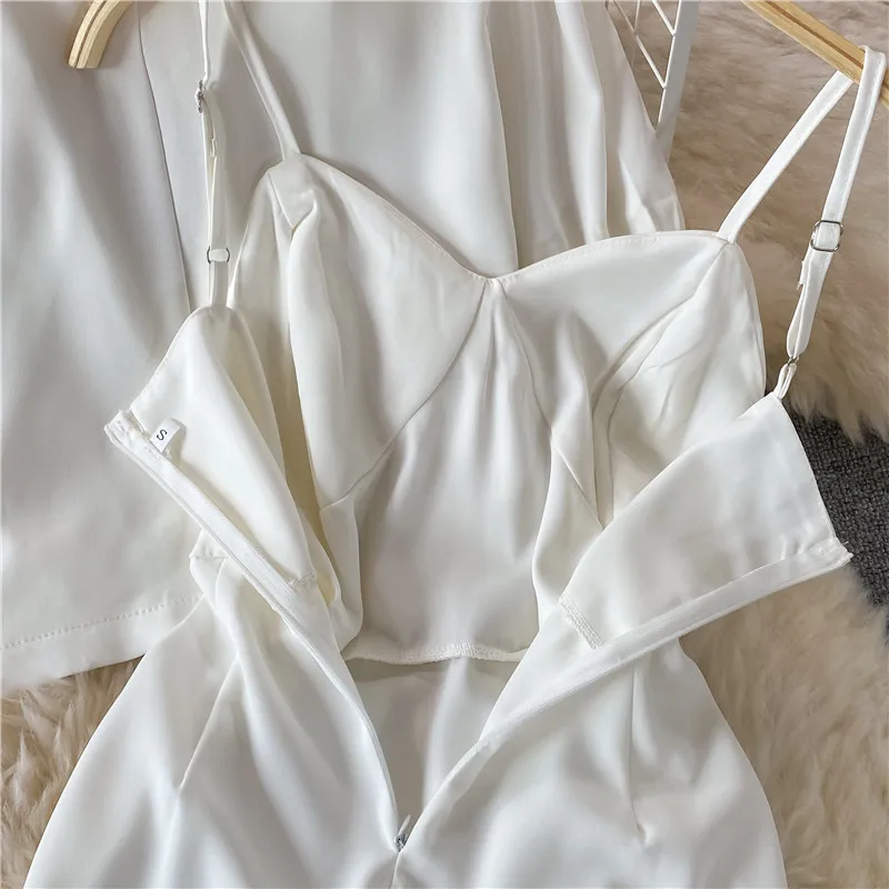 

Sexy Women's Two Piece Set White Black Short Sleeved Short Coat + Spaghetti Strap Sleeveless Slim Irregular Mini Dress Suits