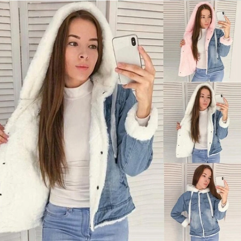 

2020 Jacket Winter New Women Lamb Cashmere Thick Denim Jacket Loose Warm Coat Casual Korean Hooded Female Jean Outerwear Tops