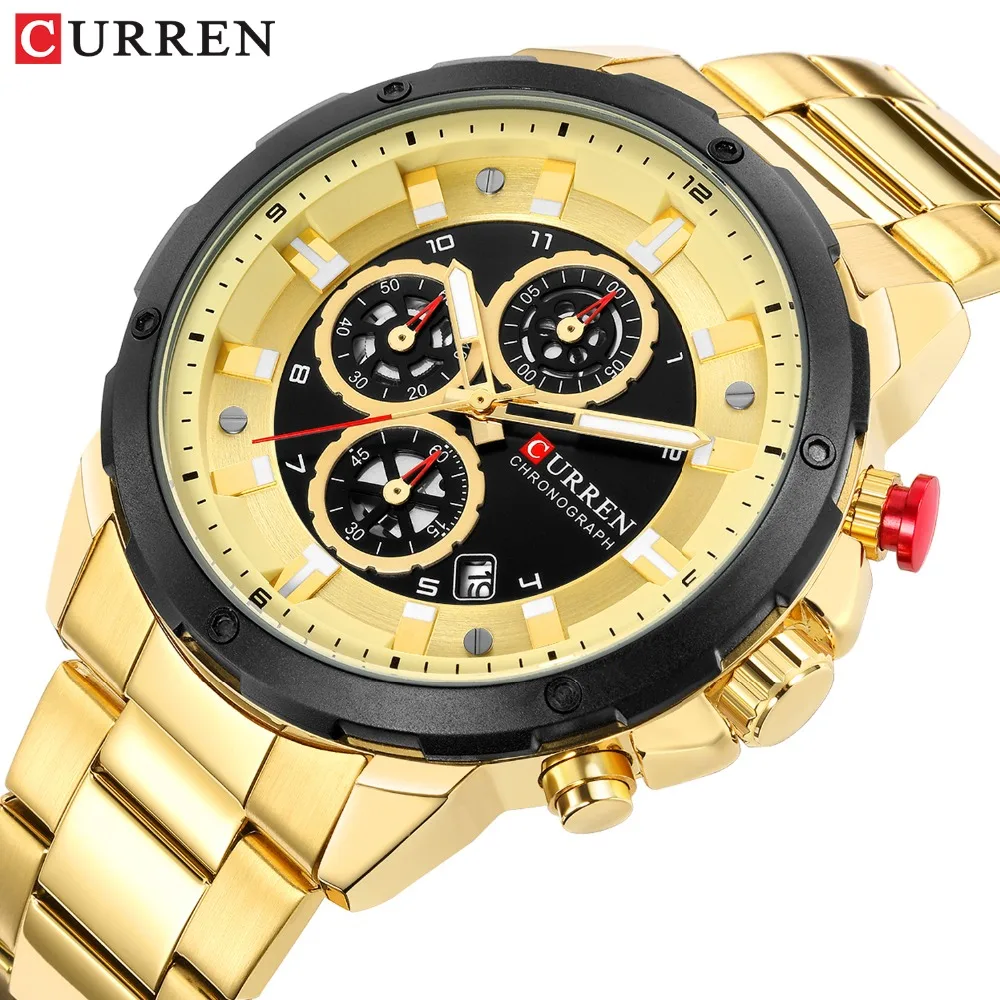 

CURREN Men's watch Luxury Brand New Fashion Business Casual Chronograph Date Gold Full Steel Quartz Watches relogio masculino