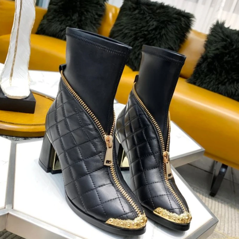 

Fashion New Women's Genuine Leather Splice Elasticity Metal Rivets Decoration Zipper Thick Heel Short Boot Long Tube Boots Shoes