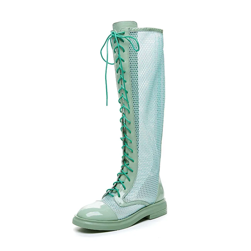 

Summer Women Boots Fashion Female Breathable Lace Up Mesh Boot Knee High Cross Tied Hokllow Out Rome Style Shoes Woman Plus Size