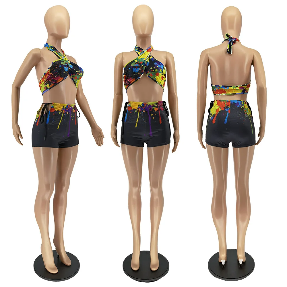 

Wishyear Casaul Splash Ink Print Women Two Piece Set Halter Crop Top + Shorts Sportsuit Tracksuit Clothes For Summer Outfits