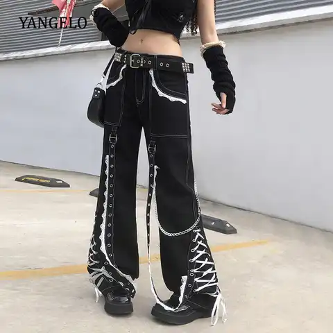 Черные брюки Yangelo гранж-панк с пряжкой с люверсами готические кружевные лоскутные брюки с высокой талией на шнуровке Harajuku Y2K джинсы для деву...
