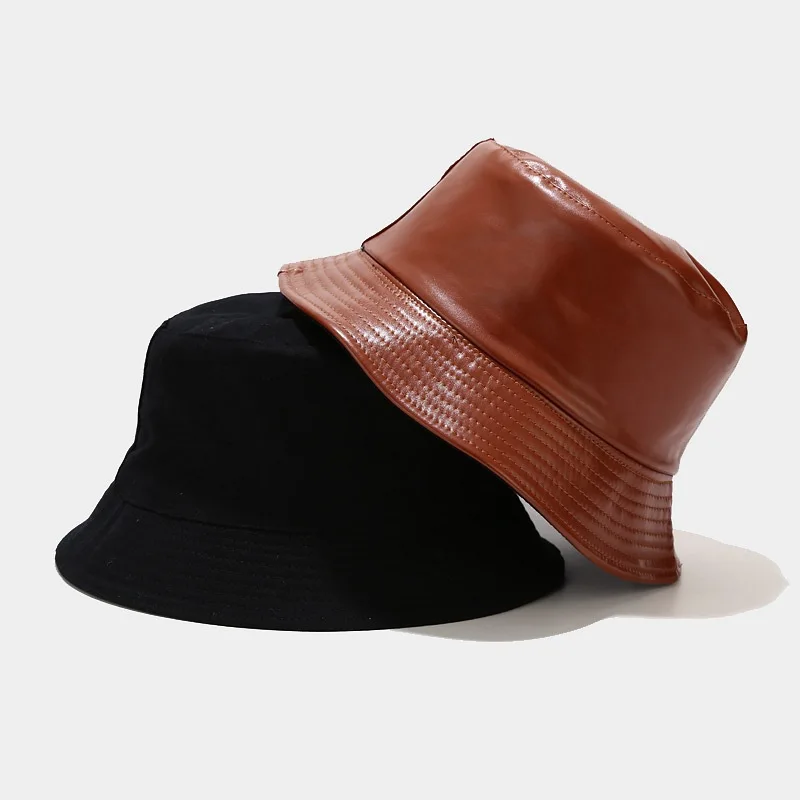 

Adult Summer Foldable Bucket Hats Women Winter Faux Leather Solid Colored Sun Protection Fisherman Cap for Girl Bob Panama Hat