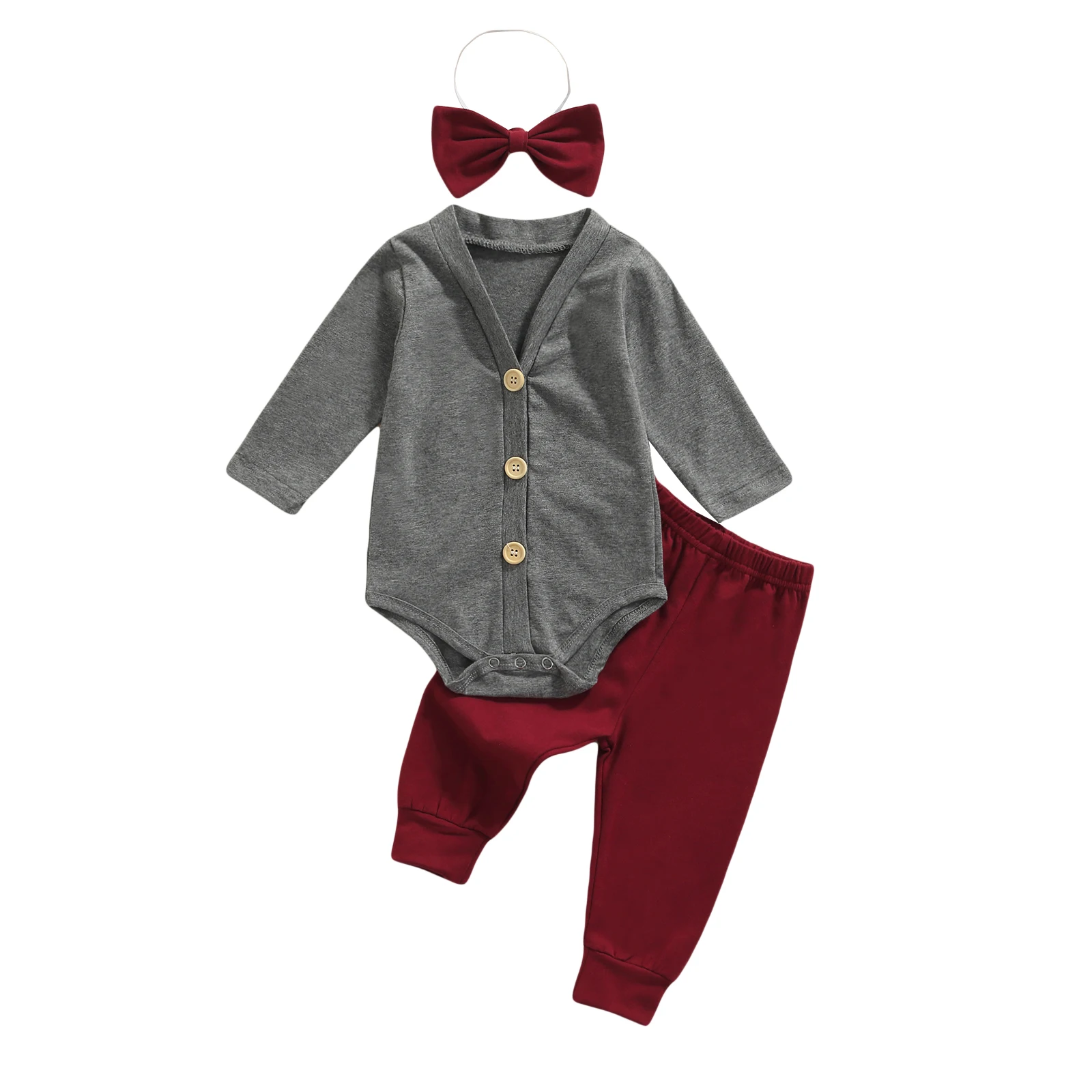 

Baby Boys Three-piece Clothes Set Solid Color V-neck Romper Pants and Bow Tie Personality fashion