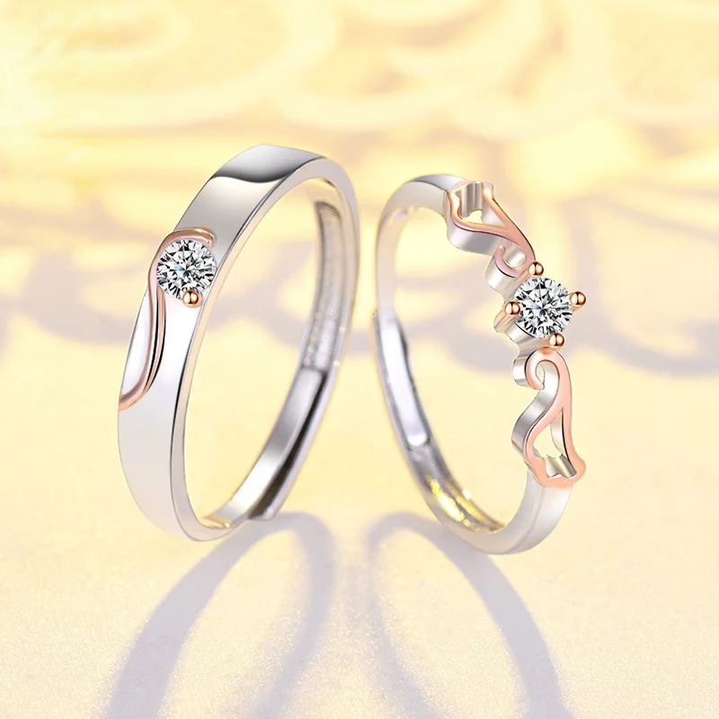 

Парное кольцо с крыльями ангела, корейское простое открытое регулируемое обручальное кольцо из стерлингового серебра, нишевое дизайнерско...