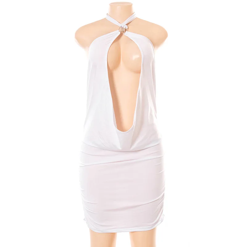 

Sexy Deep Plunge Halter Backless Mini Dress Cyber Y2k Club Outfits for Women White Pink Bodycon Dresses C85-BD16