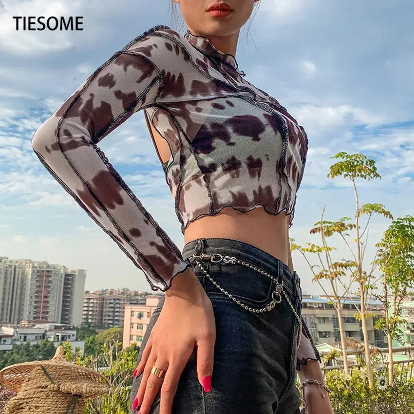 

TIESOME 2020 Summer Backless Hollow Out Sexy Women T Shirt Print Long Sleeve High Street Clothes Fashion Cool Girls Top Tee Lady