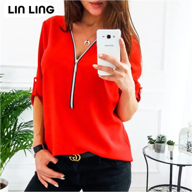 

Zipper Solid Shirts For Women V-Neck Five Point Loose T Shirt Female Plus Size Clothing Casual Summer Tshirts Tops Women 2020