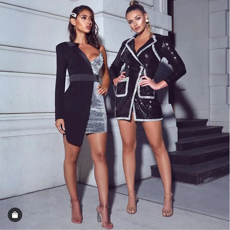 Новое модное серебристое платье с блестками на одно плечо сексуальное черное
