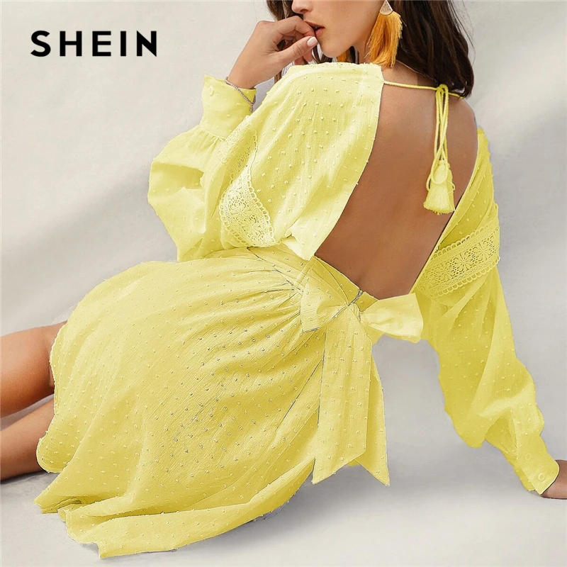 SHEIN Жаккардовое Платье С V-Образным Глубоким Вырезом И Кружевом Женское Весеннее Богемное Платье С Длинными Рукавами