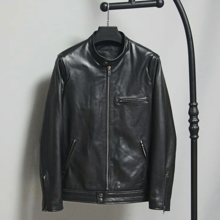 

Free shipping.Wholesales EUR size 100% goatskin coat.black fashion men genuine leather jacket,short slim leather jacket.