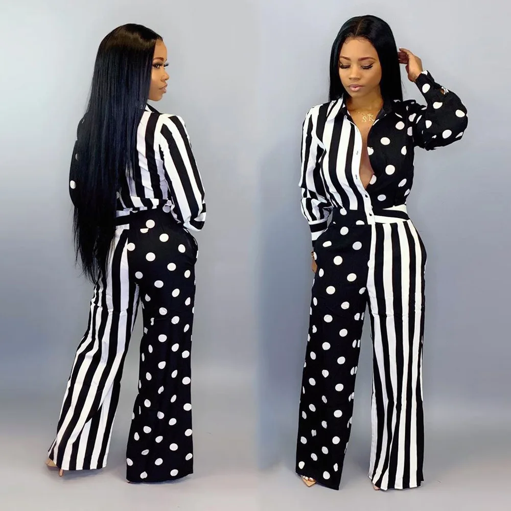 

Elegant Dot And Striped Jumpsuit Color Patchwork Playsuits With Button Long Wide Pants Autumn Rompers Womens Jumpsuit Overalls