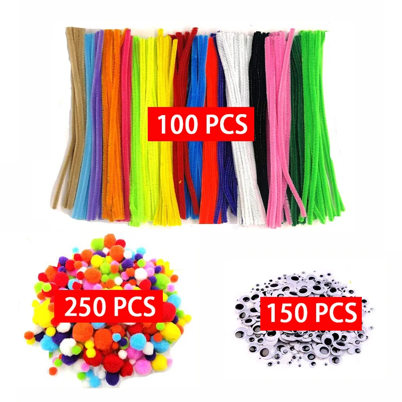 

500pcs Plush Stems Balls Eyes DIY Art Craft Toys Plush Stick Pompoms Rainbow Colors Shilly-Stick Educational Creativity for Kids