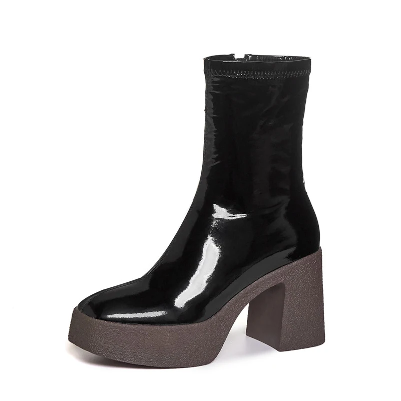 

ANNYMOLI Super High Heel Woman Boots Real Leather Square Toe Ankle Boots Platform Block Heel Short Boots Zip Female Shoes Black