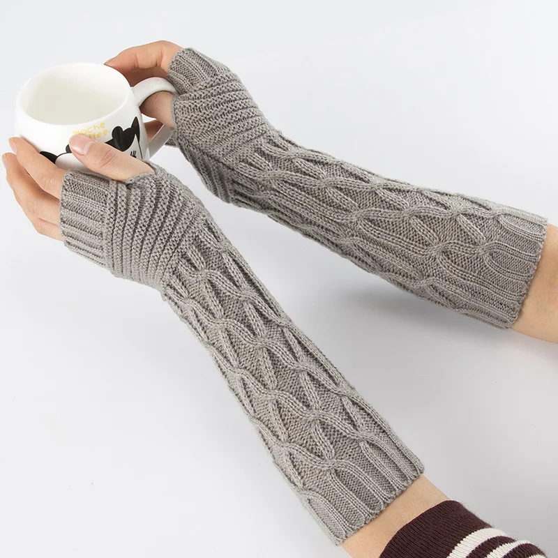 

Winter Women Long Fingerless Sleeves Mittens Solid Soft Warm Acrylic Stretch Knit Half Finger Arm Warmers Gloves C84
