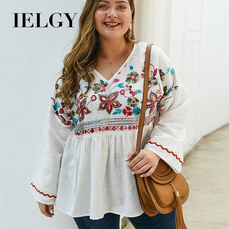 

IELGY осенне-зимняя хлопковая льняная рубашка с вышивкой размера плюс