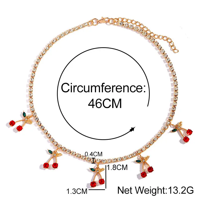 

Charm Rhinestone Cherry Pendant Necklace for Women Statement Tennis Chain Choker Crystal Collar Girls Hip Hop Jewelry