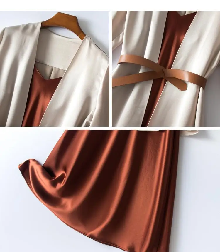 Женское осеннее офисное ацетатное атласное платье костюм куртка топ и сарафан