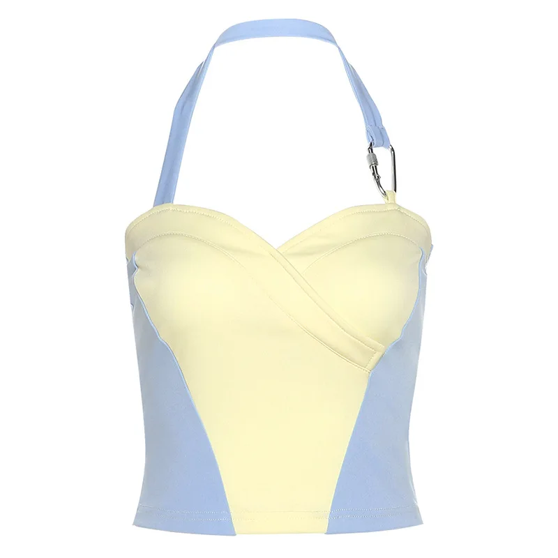 

Summer Women Tank Tops Sexy One Neck collar Slim Navel Stitching Contrast Color Halterneck Vest Female Street Casual Fashion