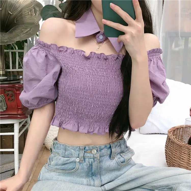 

2021 Summer New Korean Style Blouse Women's Slash Short Casual Top Puff Sleeve Bow Patchwork Shirrt Sweet Clothing Korea Tops