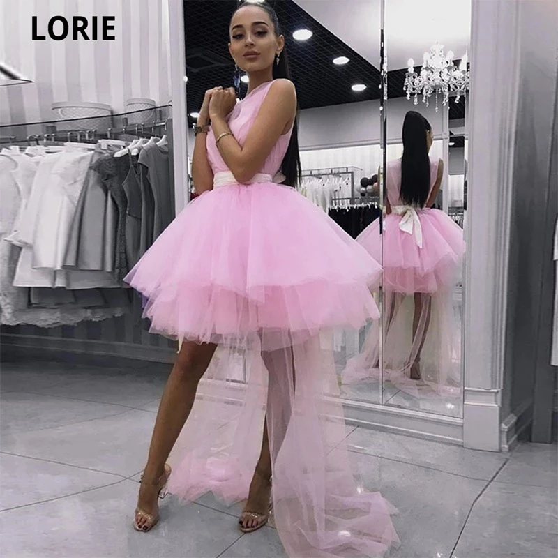 

LORIE Simple Tulle Prom Dresses 2021 Pink Fashion Formal Dress Short Scoop Neck Evening Gown Prom Dress Party Vestiti Da Sera