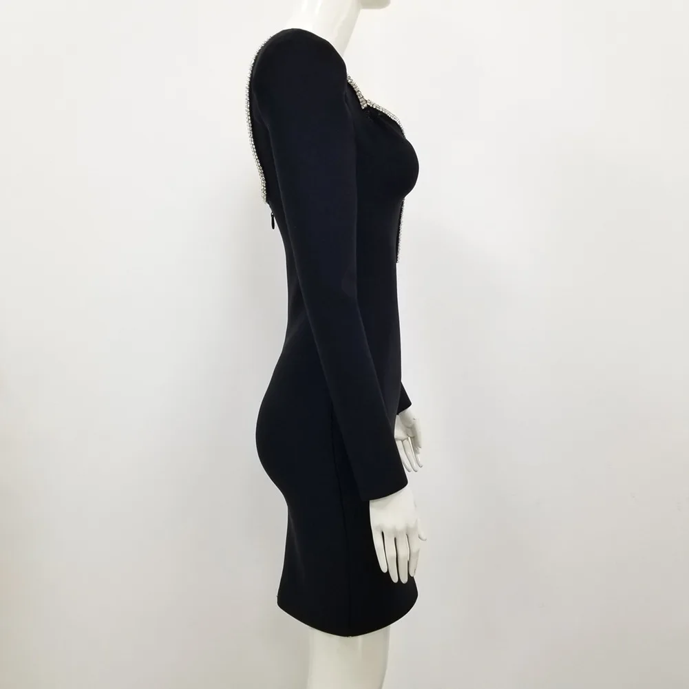 

European Style Sexy Long Sleeve deep V Nail Drill dress short buttock elastic bandage evening dress