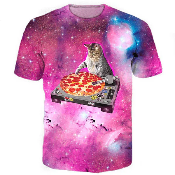 

DJ Pizza Cat Tee Galaxy Nebula Space Pizza 3d Printed T Shirt Cats Kitten Animal Tops T-Shirt Women Men Casual Tees 5XL