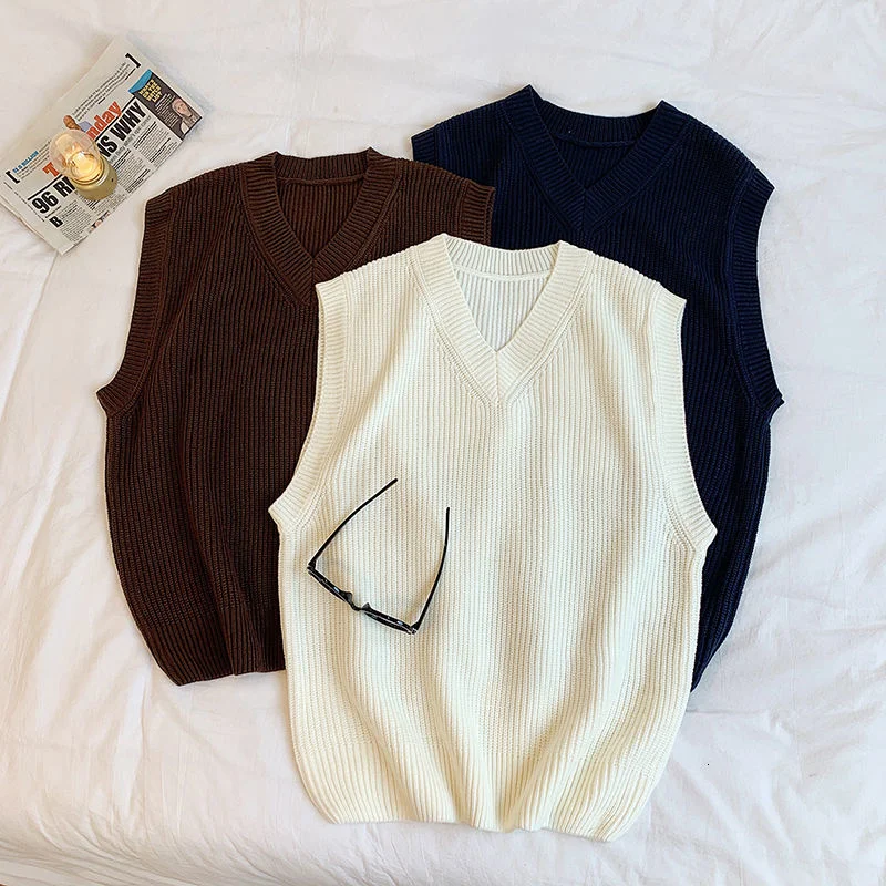 

V-neck Sweater Vest Fashion Casual Thin Pullover Men's Clothes Loose Sleeveless Top Solid Sweaters Trend Casual Round Neck Vest