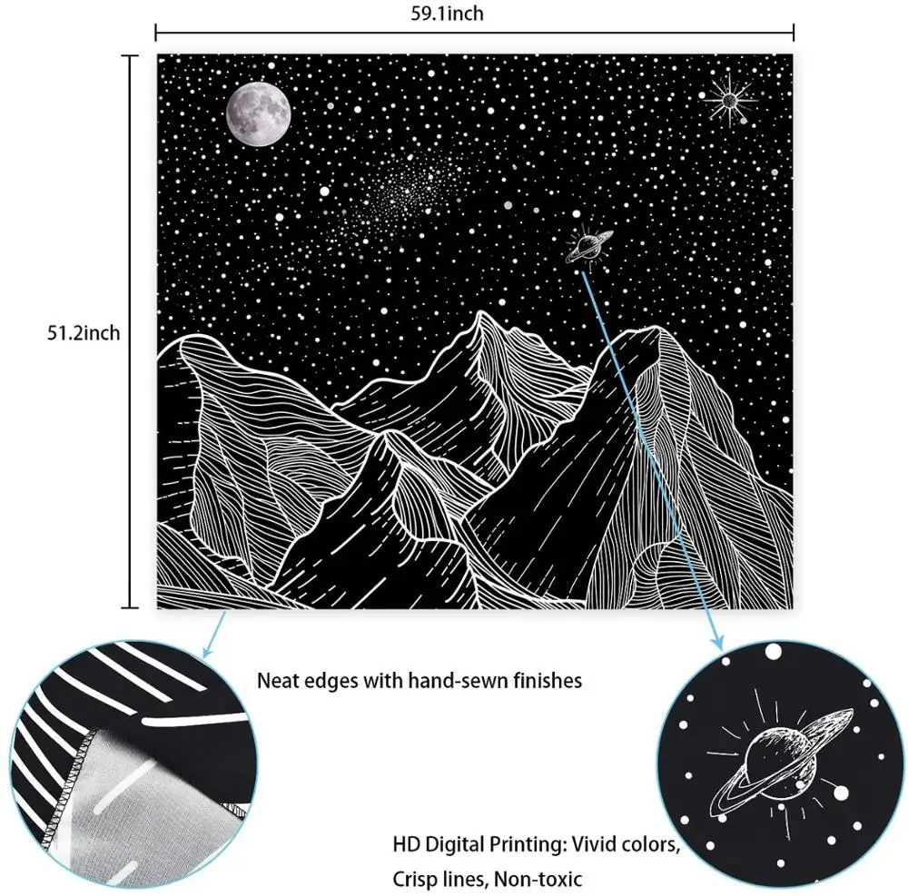 

LUCKYYJ Mountain Tapestry Moon Star Tapestry Starry Night Sky Tapestry Black and White Mountains Tapestry for Room