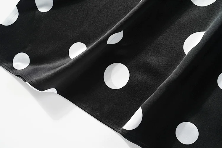 

Women's 100% Mulberry Silk Satin Silk black dots crew neck short sleeve Long Dress JN800