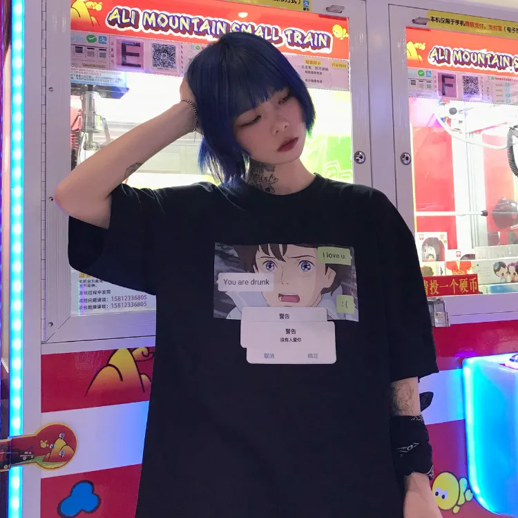 Свободная Мужская футболка Харадзюку с японской мангой лицом девушки английским