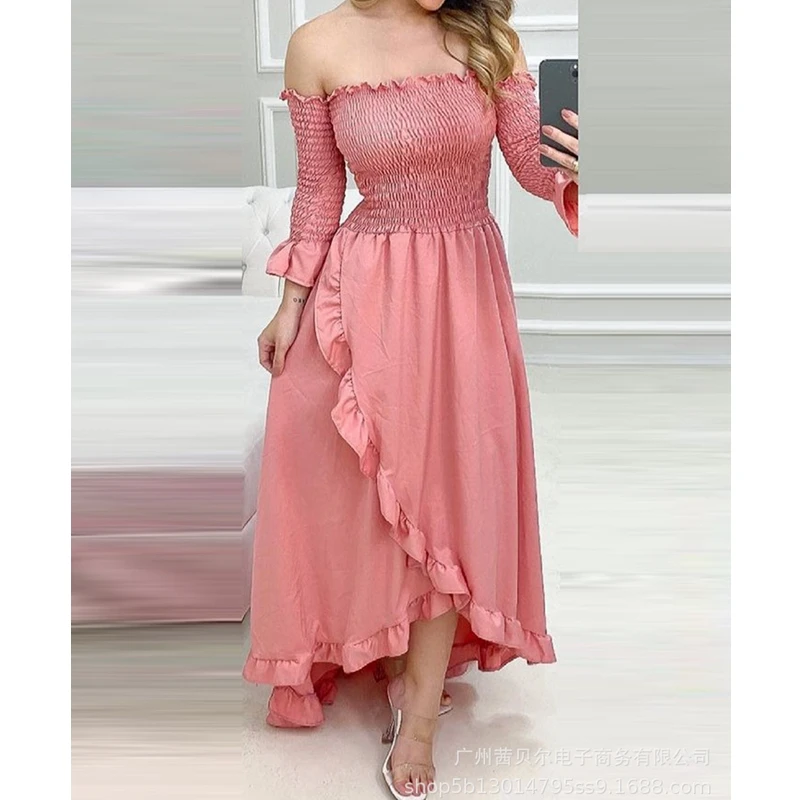 

WEPBEL Dress Women's Slim Fit Ruffled Patchwork Slit Dress Summer Long Sleeve Strapless Backless High Waist Irregular Dress