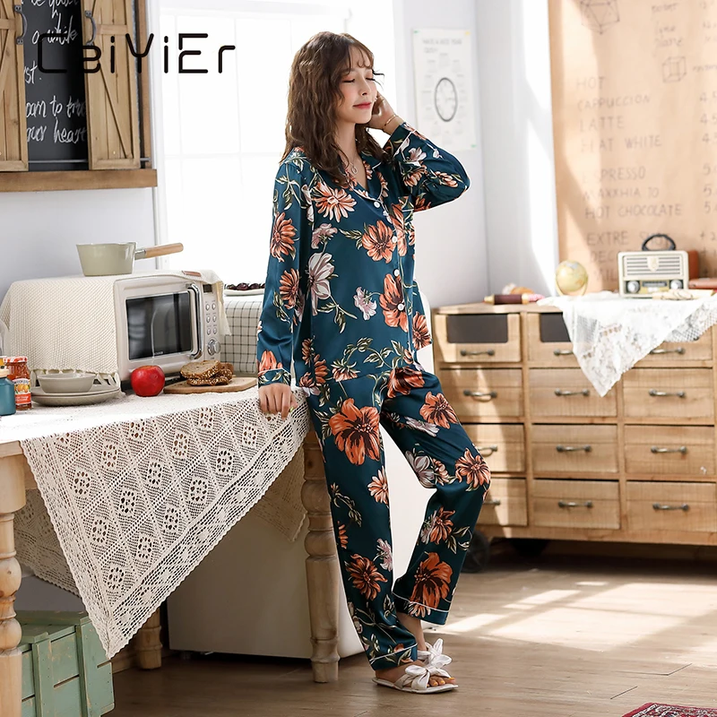 CAIYIER Satin Silk Pajamas for Women's Set Winter Long Sleeve Home Wear Ladies Sexy Tops+Pants  Sleepwear Autumn Home Clothes
