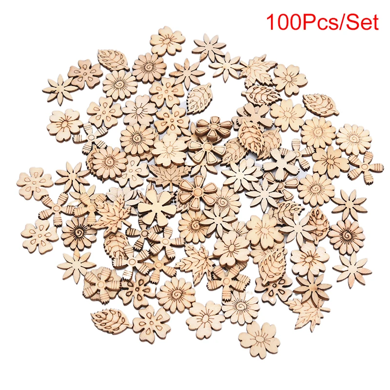 

100pcs Creative Flower Leaves Cutouts Slice Mix Wooden Pieces For DIY Wooden Art Decoration Home Party Doodle Scrapbooking