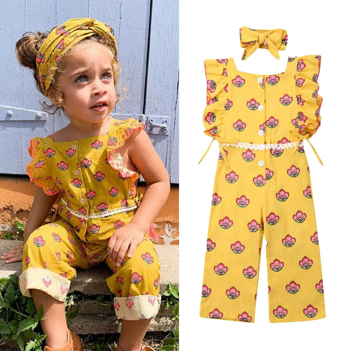 Одежда с цветочным принтом для маленьких девочек комбинезон без рукавов