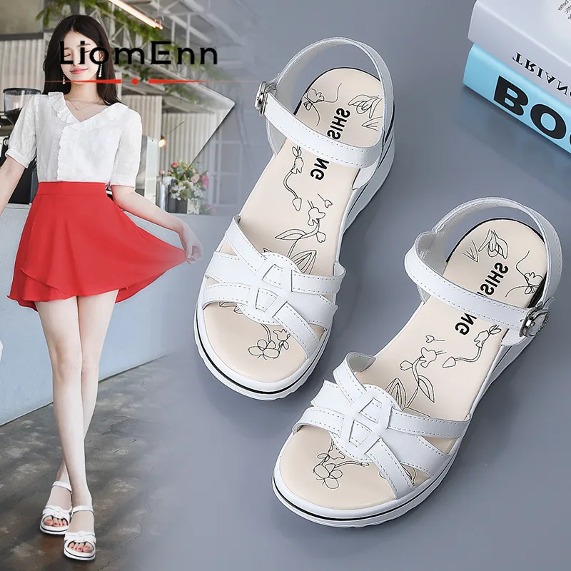 

Black White Wedge Sandals Women Summer 2021 Ladies Genuine Leather Platform Sandals Comfort High Heels Shoes Woman zapatos mujer
