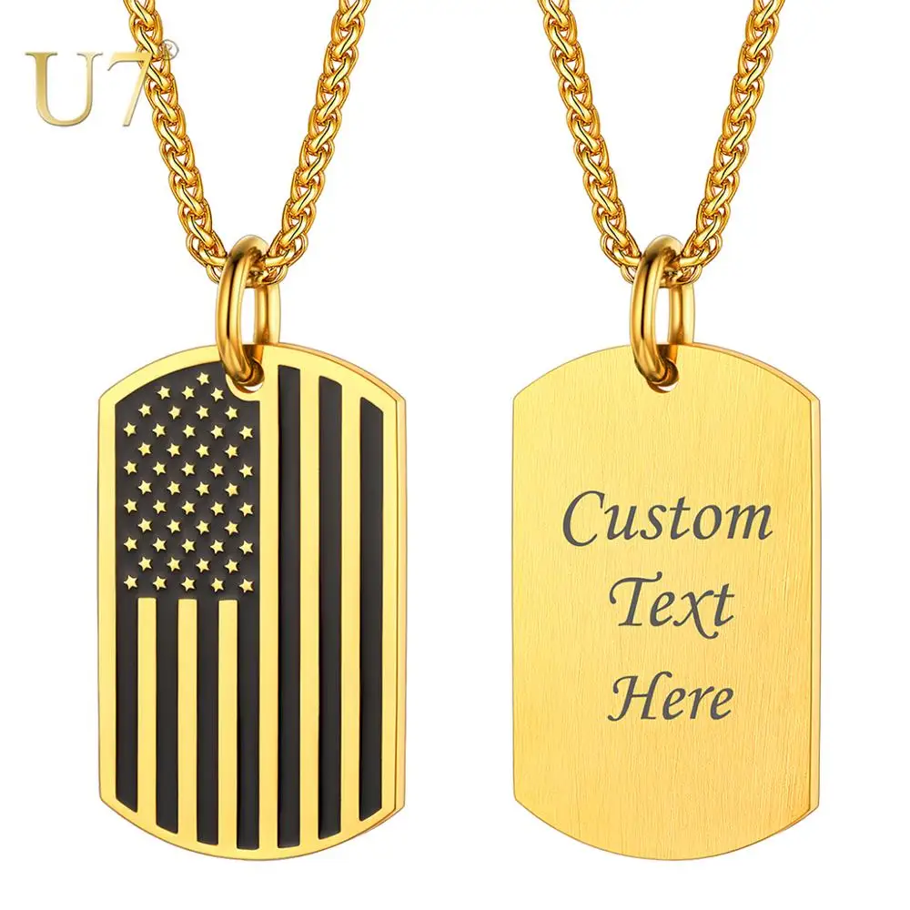 

U7 Personalized American Dog Tag Necklace US National Flag Charm Stainless Steel/Gold Necklace for Men Included 22'Chain P1053