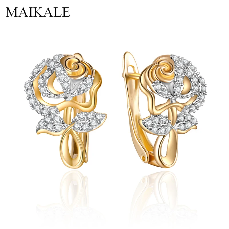 

MAIKALE Luxury Rose Flower Stud Earrings for Women Girls Gold Color Plated Shiny CZ Crystal Fine Earring Exquisite Jewelry Gifts