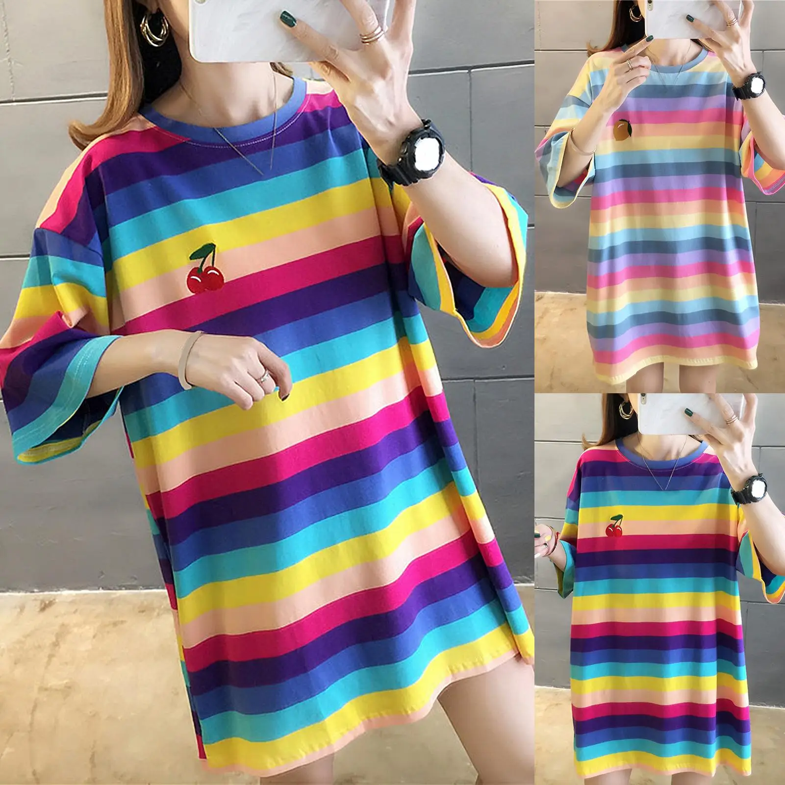 

Women Summer Fashion T-shirt Blouse Women Pullovers Soft Slim-Fit Pullovers Top Loose Short Sleeve O Neck Rainbow Striped Blouse